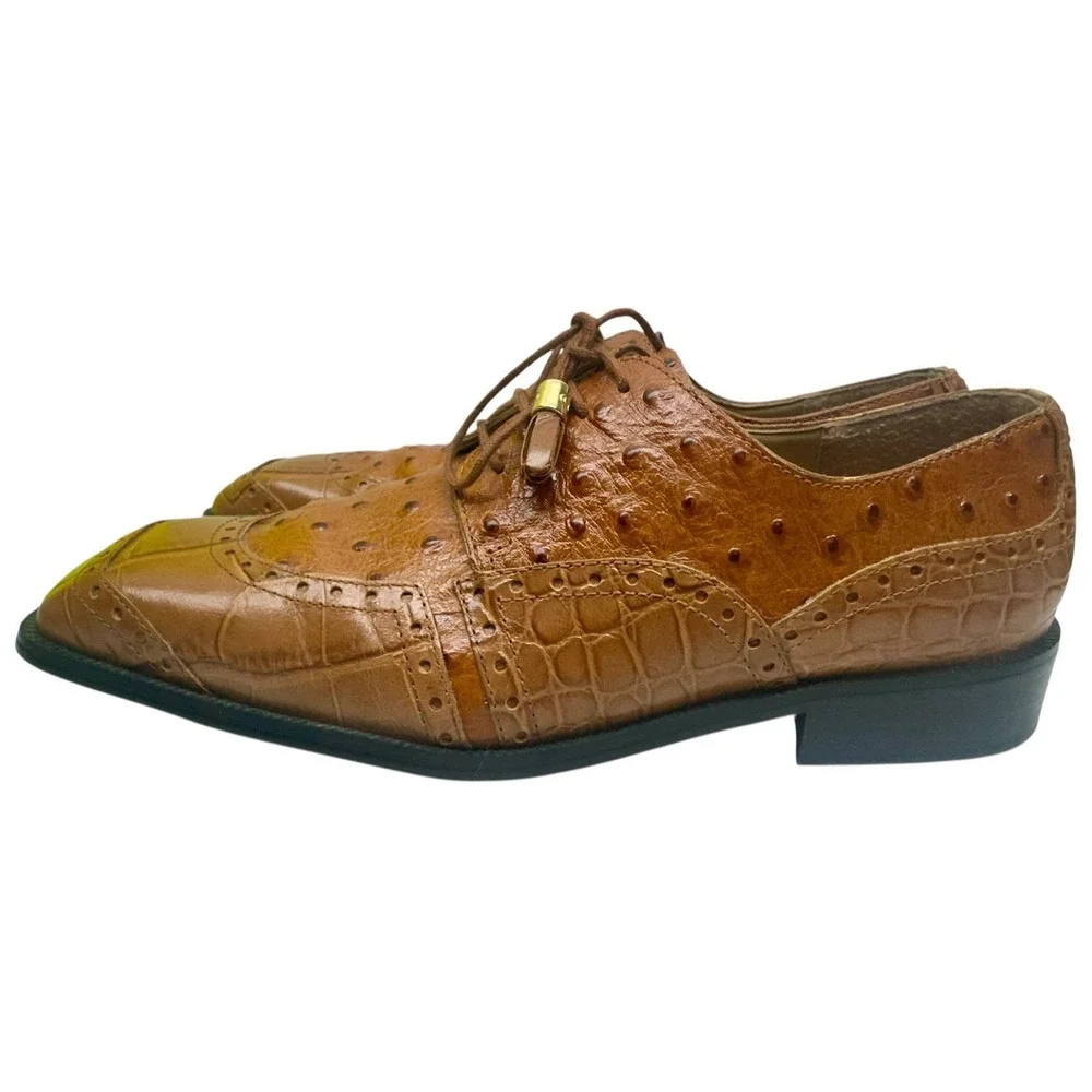 Giorgio Brutini Brown Leather Ostrich/Croc Print Oxfords Size 9.5M 155604‎